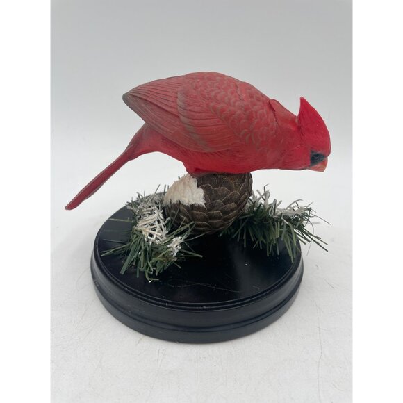 Red Cardinal Figurine On Snowy Pinecone Base Greenery Accents Hand-Painted - Picture 4 of 7